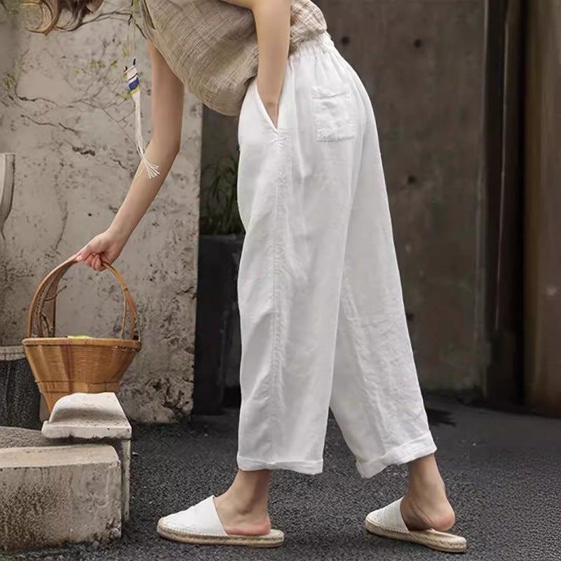 Damen lässige Leinenhose mit elastischem Bund und seitlichen Taschen R&B