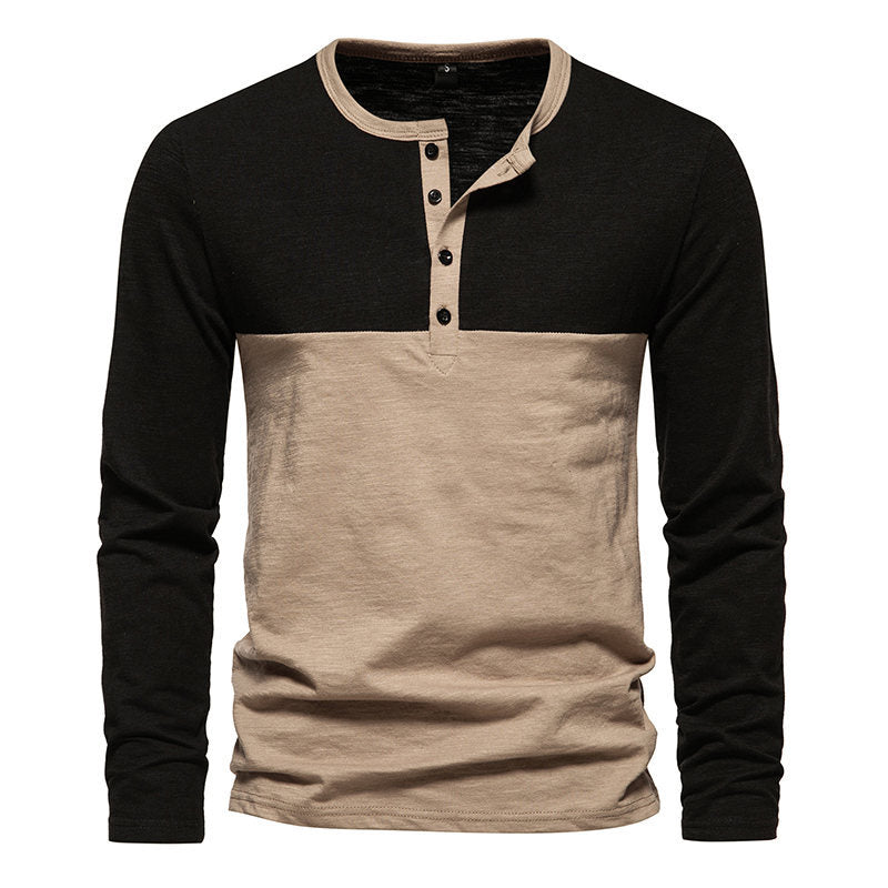 Herren Langarm-Henley-Shirt mit kontrastierenden Ärmeln und stilvollem Knopfdesign