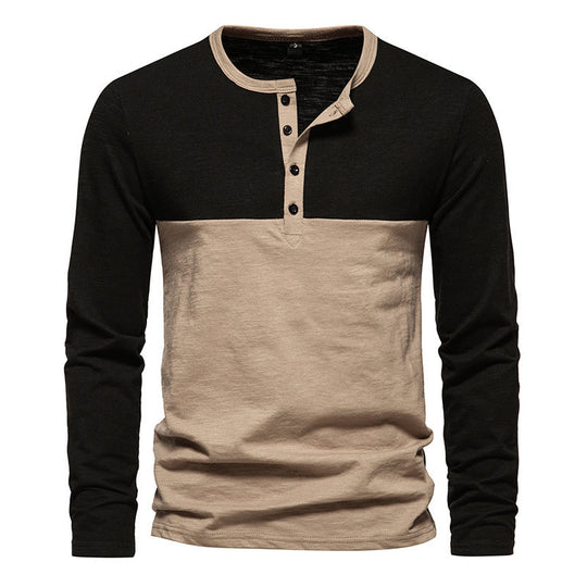 Herren Langarm-Henley-Shirt mit kontrastierenden Ärmeln und stilvollem Knopfdesign R&B