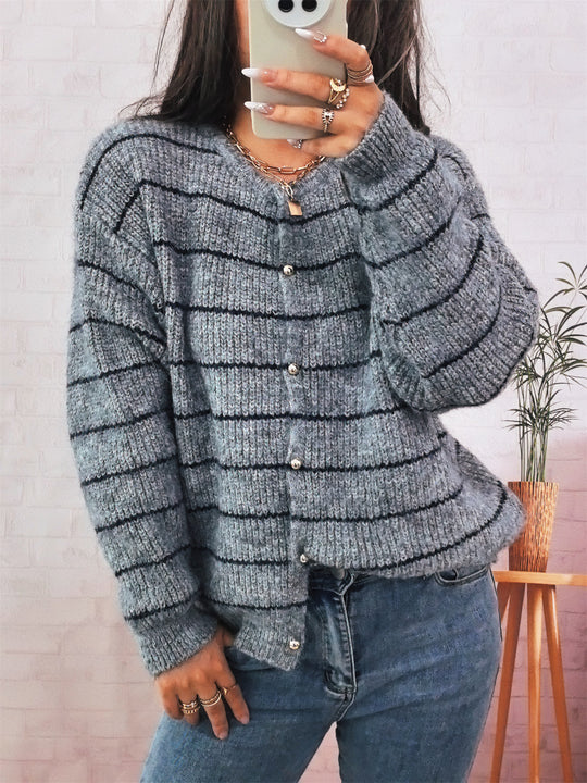 Damen gemütliche Strickjacke mit elegantem Streifenmuster und schimmernden Knöpfen R&B