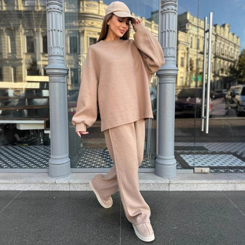 Damen lässiges Fleece-Loungewear-Set mit weichem Oversized-Pullover und bequemen Hosen R&B