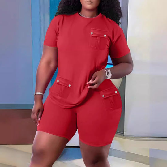 Damen Sportliches Oberteil und Shorts Set mit praktischen Taschen R&B