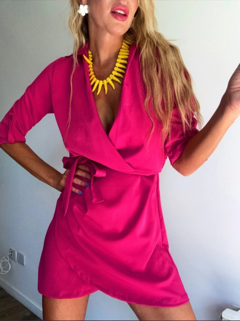 Damen Wickelkleid mit tiefem V-Ausschnitt und Taillengürtel R&B