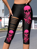 Damen Leggings mit auffälligem Totenkopf-Print und modischen Cut-Outs