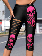 Damen Leggings mit auffälligem Totenkopf-Print und modischen Cut-Outs