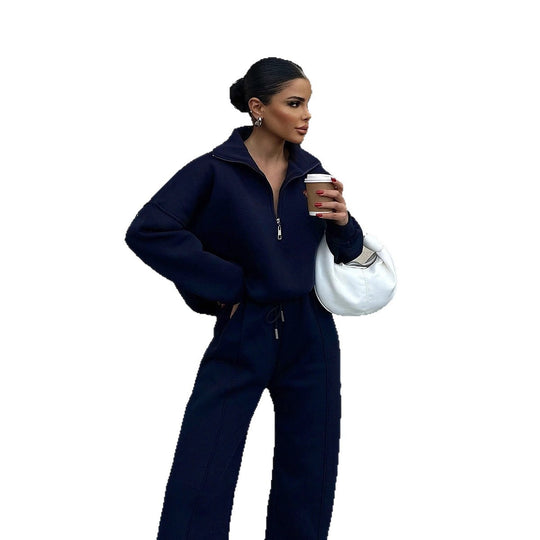 Damen sportliches Fleece-Loungewear-Set mit hohem Kragen und Reißverschluss R&B