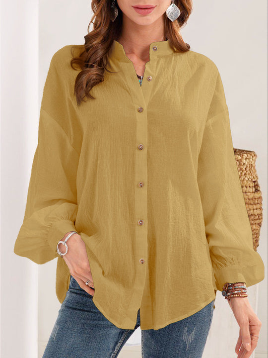 Damen lässige Bluse mit Knopfleiste und Stehkragen R&B