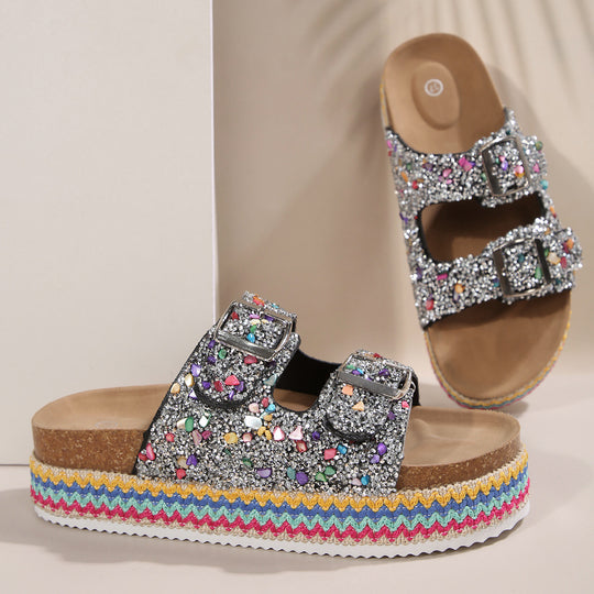 Damen Glitzernde Plateau-Sandalen mit Doppelschnalle und mehrfarbigem Boden R&B