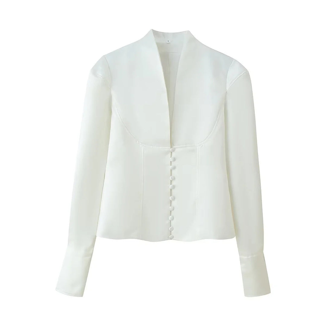 Damen taillierte Bluse mit modernen Knopfdetails und Stehkragen R&B