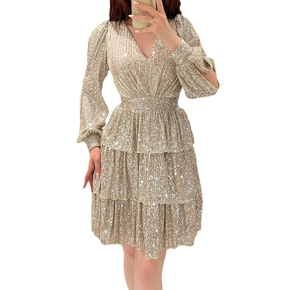 Damen festliches Mini-Kleid mit funkelnden Pailletten und voluminösen Ärmeln R&B