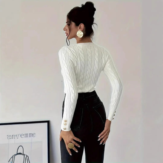 Damen Grobstrick Pullover mit dekorativen Knopfdetails R&B