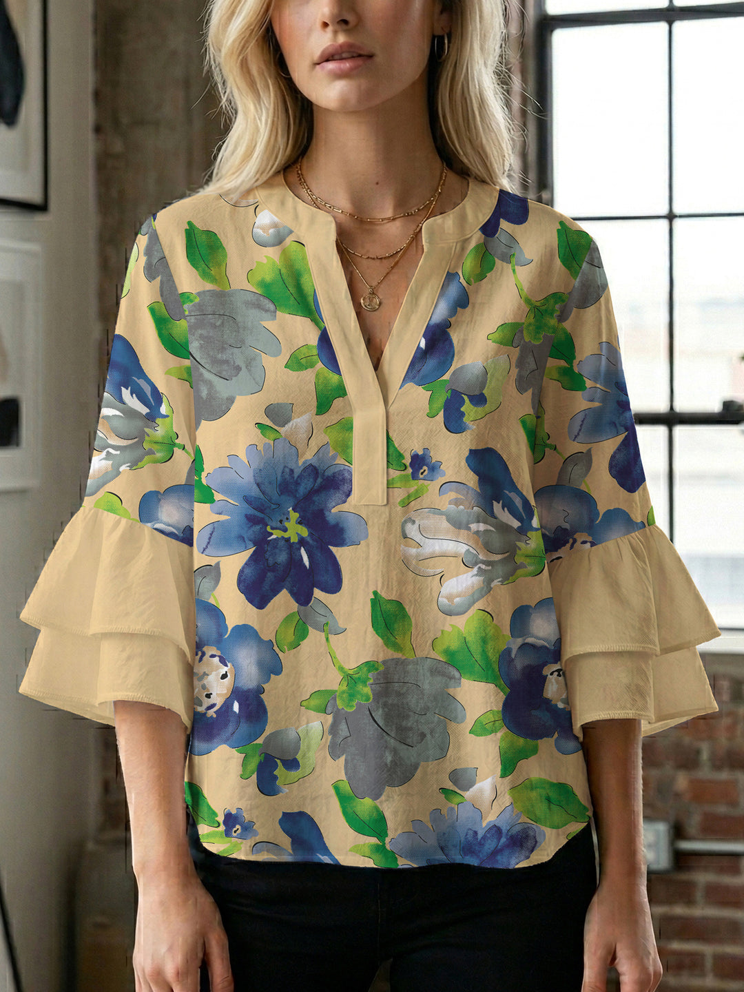 Damen Bluse mit voluminösen Ärmeln und floralem Design R&B