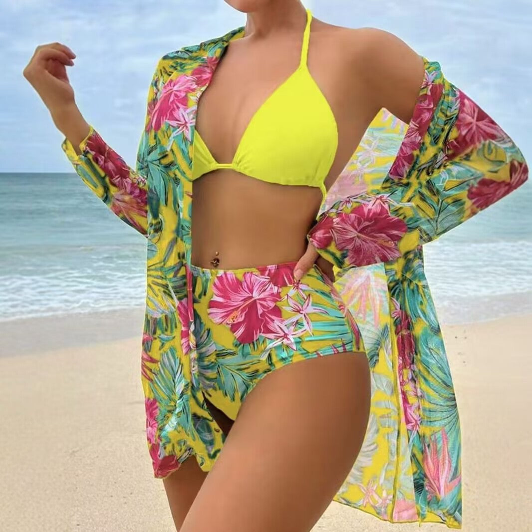 Damen Bikiniset mit floralem Muster und transparenter Strandüberwurf R&B