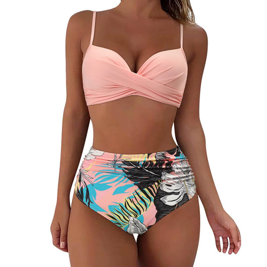 Damen Hochtailliertes Bikini-Set mit floralem Oberteil und gerafftem Höschen R&B