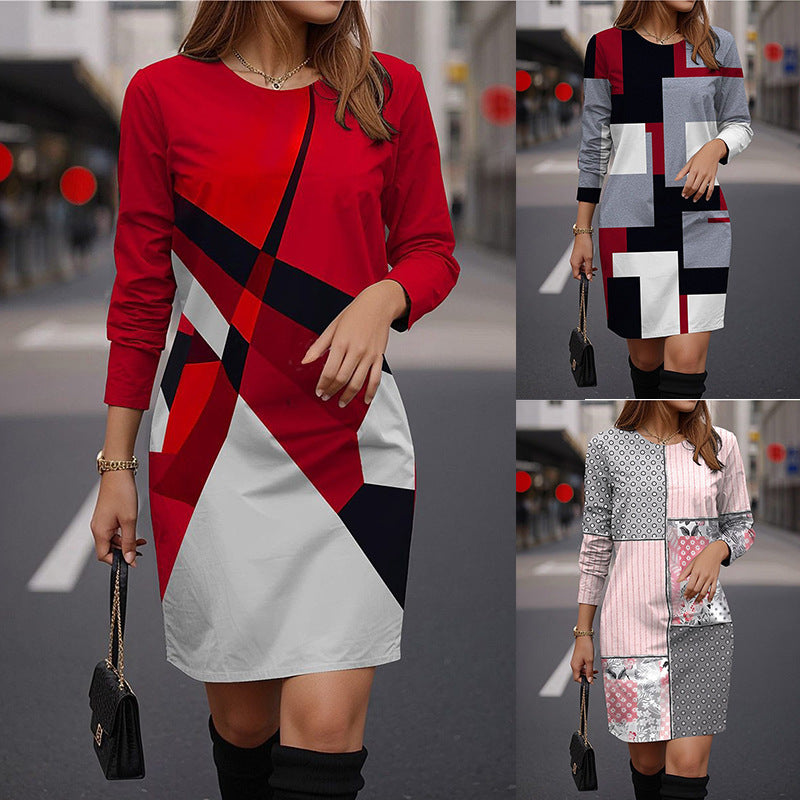 Damen Modisches Kleid mit geometrischem Muster und langen Ärmeln R&B
