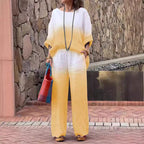 Damen lässiges Leinen-Outfit mit weiten Hosen und lockerer Bluse