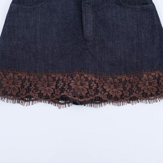 Damen Denimrock mit floraler Spitzenverzierung und fransigem Saum R&B