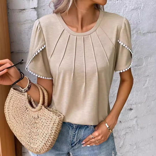 Damen nan Rundhals-Shirt mit dekorativer Kellerfalten-Front, Flatterärmeln und Pompon-Borte R&B