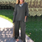 Damen lässiges Leinen-Outfit mit weitem Schnitt und angeschnittenen Ärmeln R&B