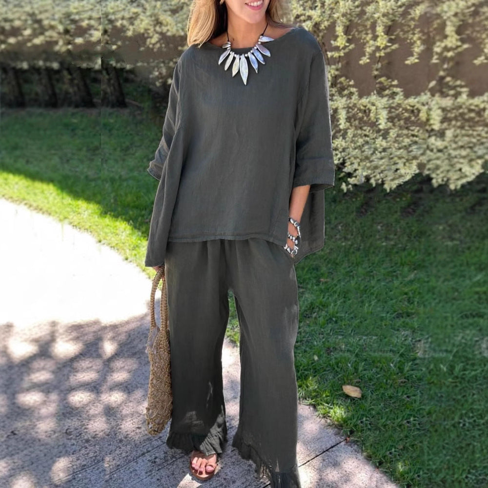 Damen lässiges Leinen-Outfit mit weitem Schnitt und angeschnittenen Ärmeln R&B