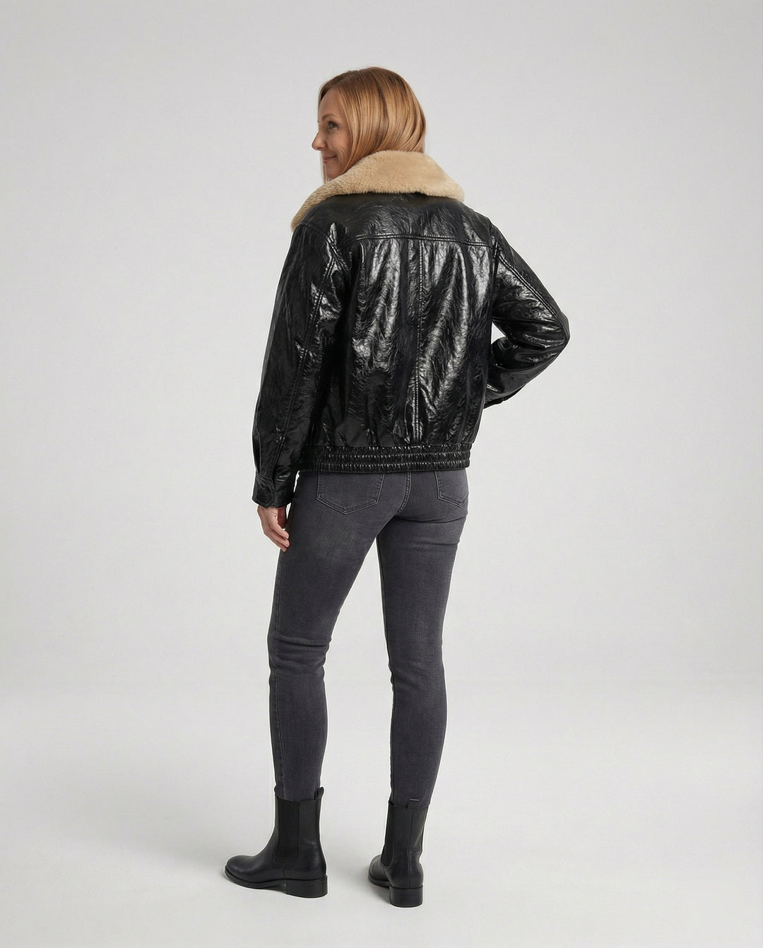 Damen kastig geschnittener Lederlook-Blouson mit abnehmbarem Teddykragen R&B