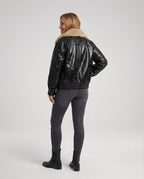 Damen kastig geschnittener Lederlook-Blouson mit abnehmbarem Teddykragen R&B