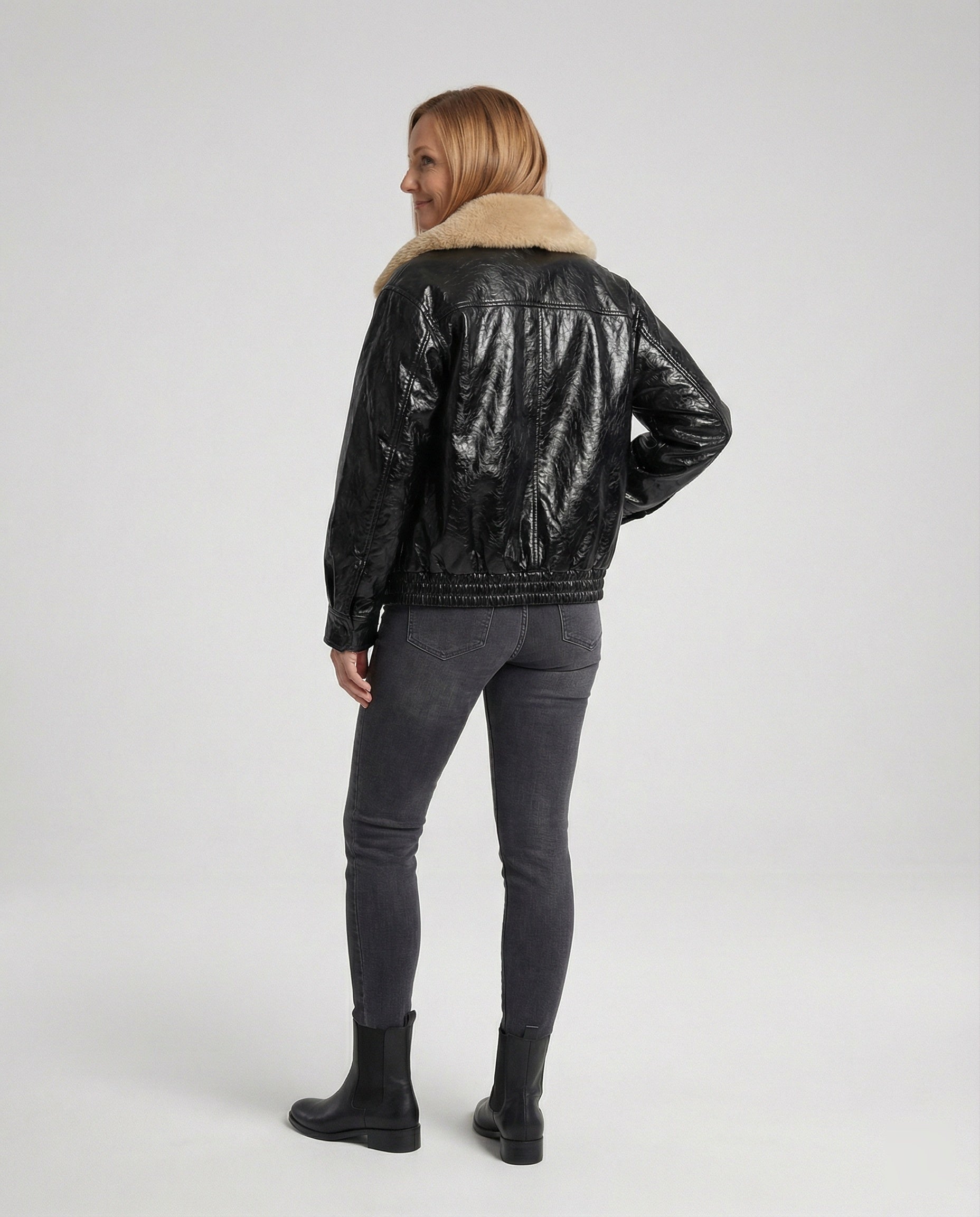 Damen kastig geschnittener Lederlook-Blouson mit abnehmbarem Teddykragen R&B