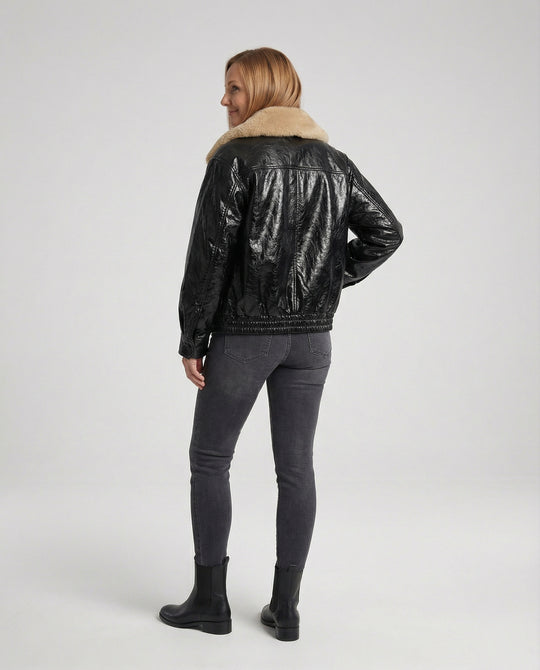 Damen kastig geschnittener Lederlook-Blouson mit abnehmbarem Teddykragen R&B