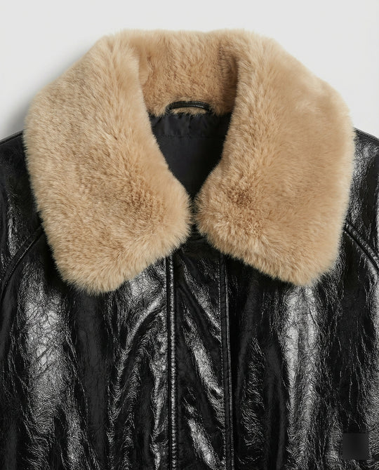 Damen kastig geschnittener Lederlook-Blouson mit abnehmbarem Teddykragen R&B