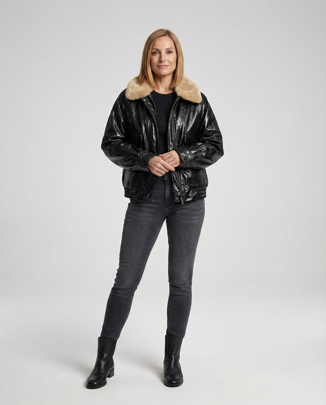 Damen kastig geschnittener Lederlook-Blouson mit abnehmbarem Teddykragen R&B