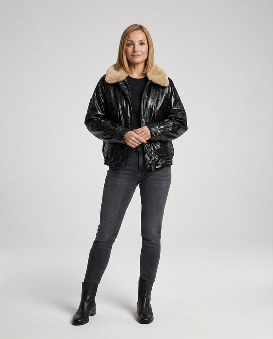 Damen kastig geschnittener Lederlook-Blouson mit abnehmbarem Teddykragen R&B