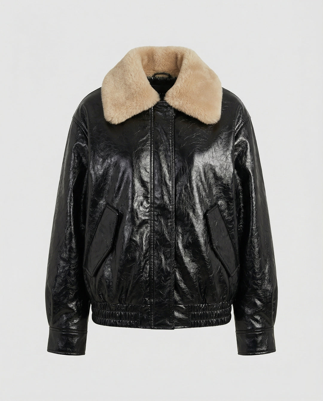 Damen kastig geschnittener Lederlook-Blouson mit abnehmbarem Teddykragen R&B