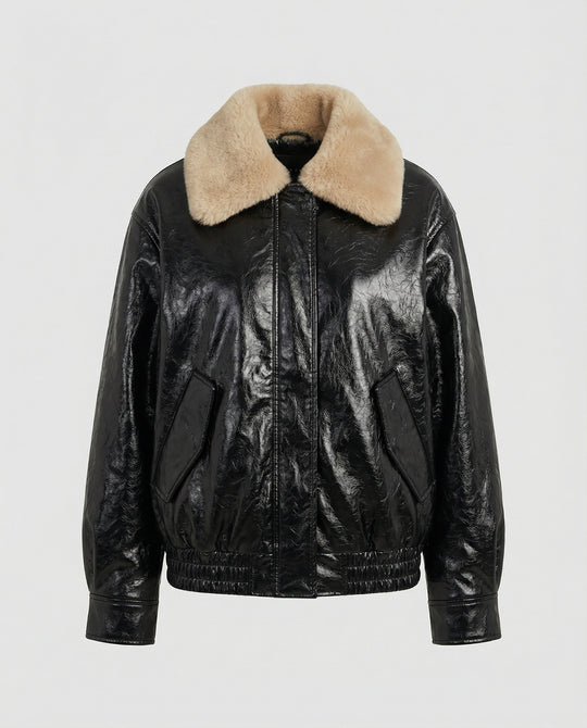 Damen kastig geschnittener Lederlook-Blouson mit abnehmbarem Teddykragen R&B