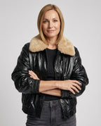 Damen kastig geschnittener Lederlook-Blouson mit abnehmbarem Teddykragen R&B