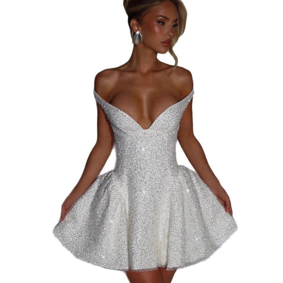 Damen Glamouröses Cocktailkleid mit schulterfreiem Design und funkelndem Paillettenbesatz R&B
