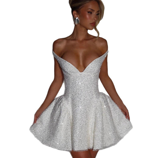 Damen Glamouröses Cocktailkleid mit schulterfreiem Design und funkelndem Paillettenbesatz R&B