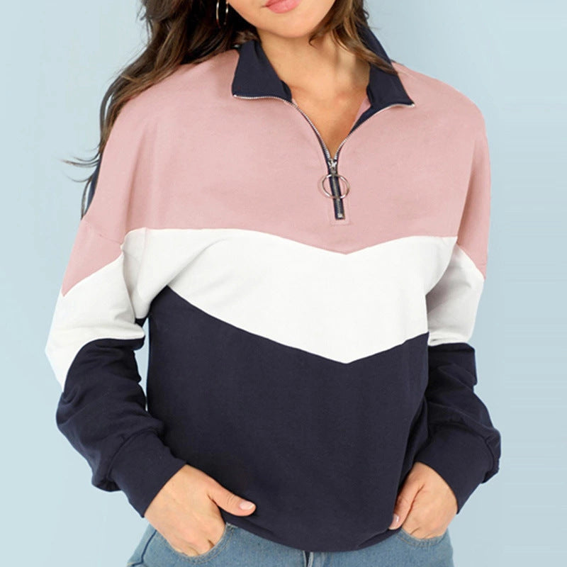 Damen sportlicher Sweatshirt mit hohem Kragen und farblich abgesetztem Design R&B