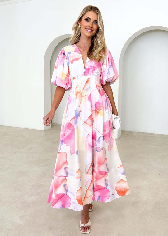 Damen Maxikleid mit buntem floralen Design und lässigen Puffärmeln R&B