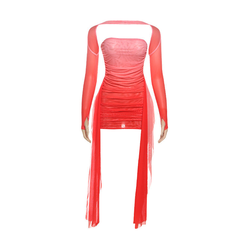 Damen Elegantes Langarmkleid mit raffiniertem Drapierungsdesign und transparenten Elementen R&B
