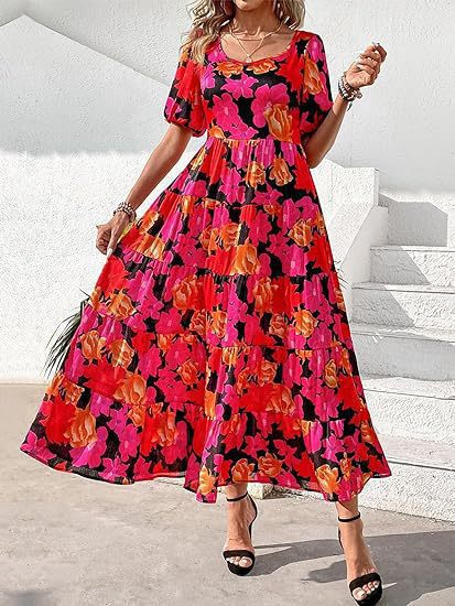 Damen Midi-Kleid mit floralem Druck und voluminösen Ärmeln R&B