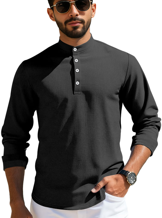 Herren nan strukturiertes Langarm-Henley mit Nehru-Kragen und Ton-in-Ton-Knopfleiste R&B