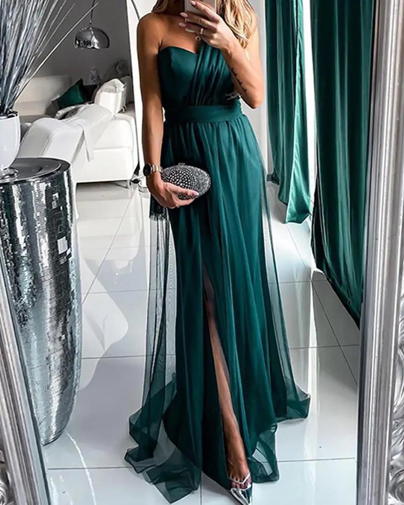Damen Elegantes Abendkleid mit schulterfreiem Schnitt und hohem Beinschlitz R&B