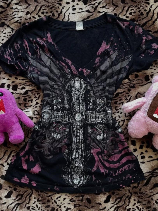 Damen V-Ausschnitt T-Shirt mit beeindruckendem Grafikkreuz R&B