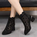 Damen elegante Ankle-Boots mit transparentem Blumendesign und komfortablem Blockabsatz R&B