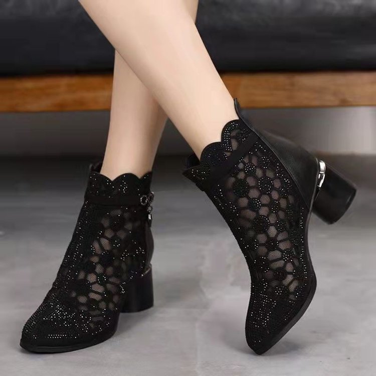 Damen elegante Ankle-Boots mit transparentem Blumendesign und komfortablem Blockabsatz R&B
