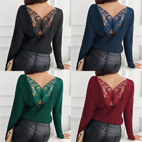 Damen nan geripptes Langarmshirt mit dekorativem Schmetterlings-Spitzenausschnitt R&B