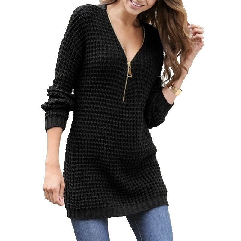 Damen Grobstrickpullover mit modernem Reißverschluss und lässigem Schnitt R&B