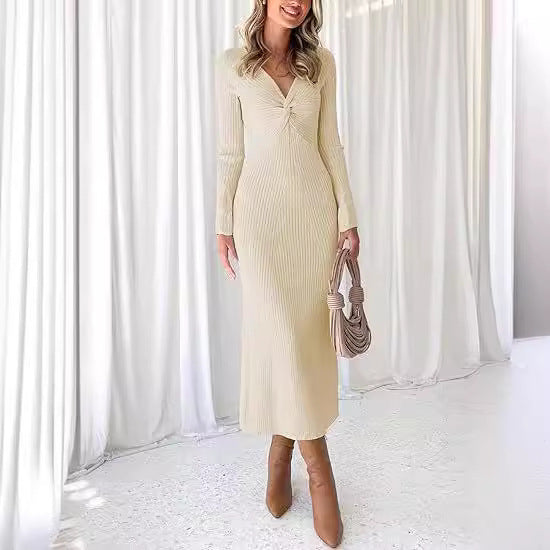 Damen elegantes Midikleid mit V-Ausschnitt und strukturiertem Rippdesign R&B