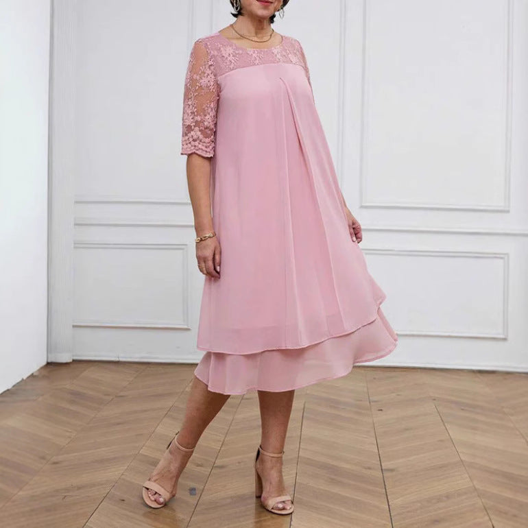 Damen nan A-Linien-Chiffonkleid mit floral bestickter Spitzenpasse, verdeckter Mittelnahtfalte und mehrlagigem Volant R&B