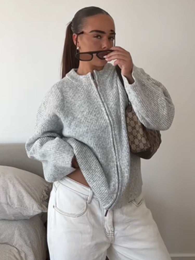Damen kuschelige Strickjacke mit hohem Kragen und Reißverschluss R&B